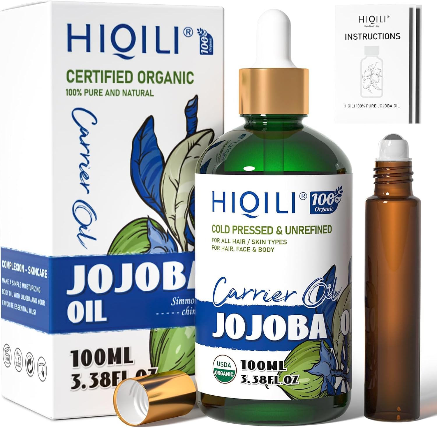 Organic Jojoba Oil - Cold-Pressed Carrier Oil for Skin, Hair & Blends