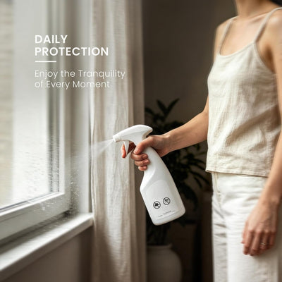 Woman spraying a curtain with a patchouli essential oil home spray