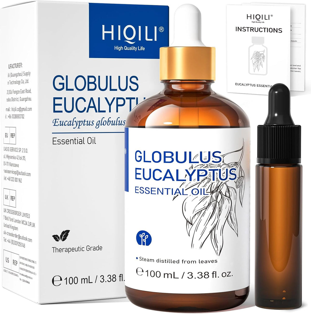 HIQILI Globulus Eucalyptus Essential Oil 100 mL box with amber bottle and dropper