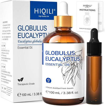 HIQILI Globulus Eucalyptus Essential Oil 100 mL box with amber bottle and dropper