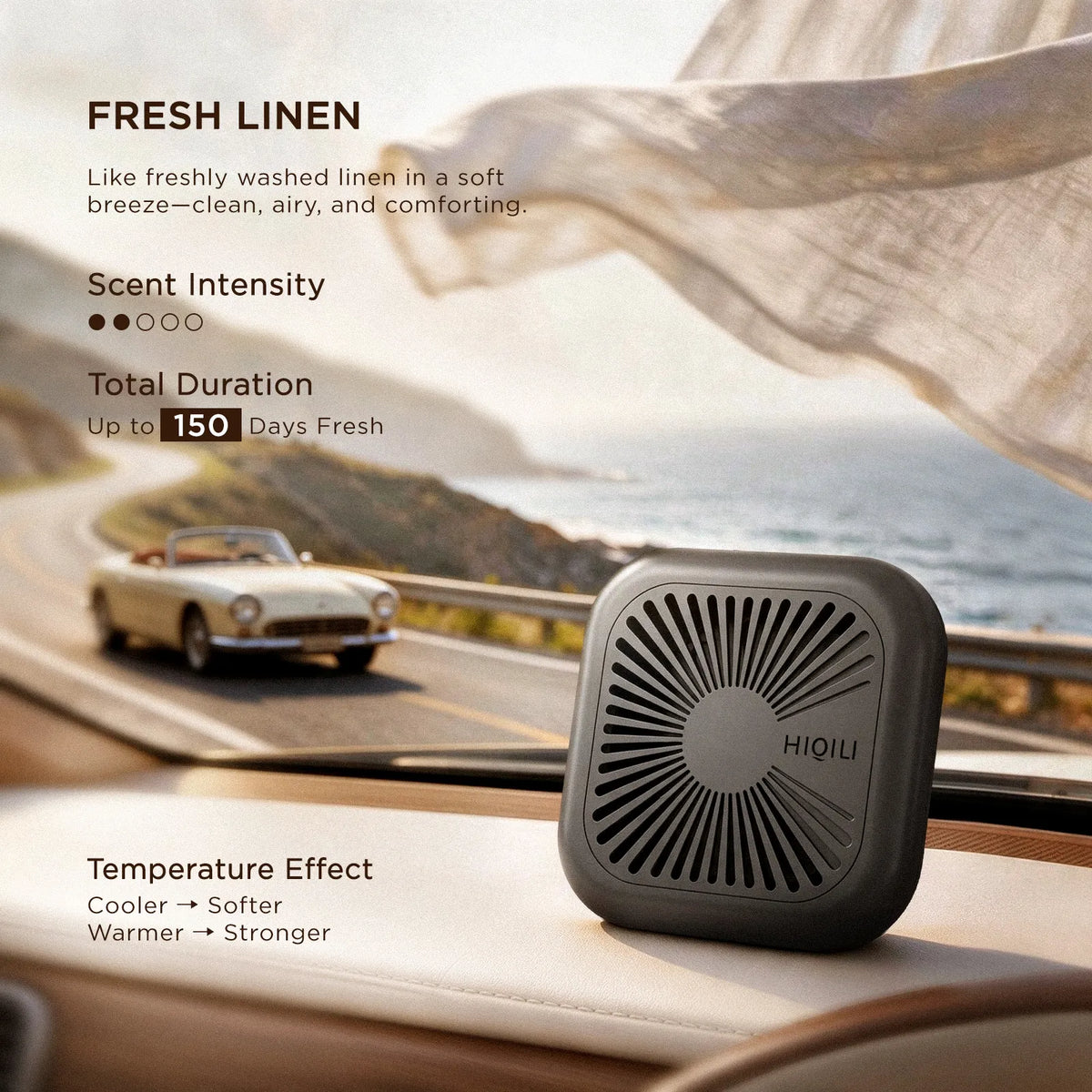 Fresh linen car air freshener on a dashboard above a coastal road, with a linen scarf blowing in the breeze