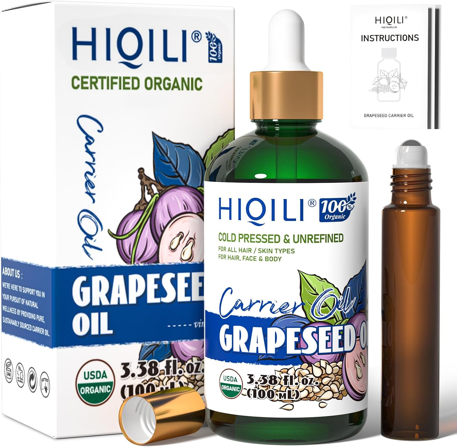Organic Grapeseed Oil - Lightweight Carrier Oil for Skin, Hair & DIY Care