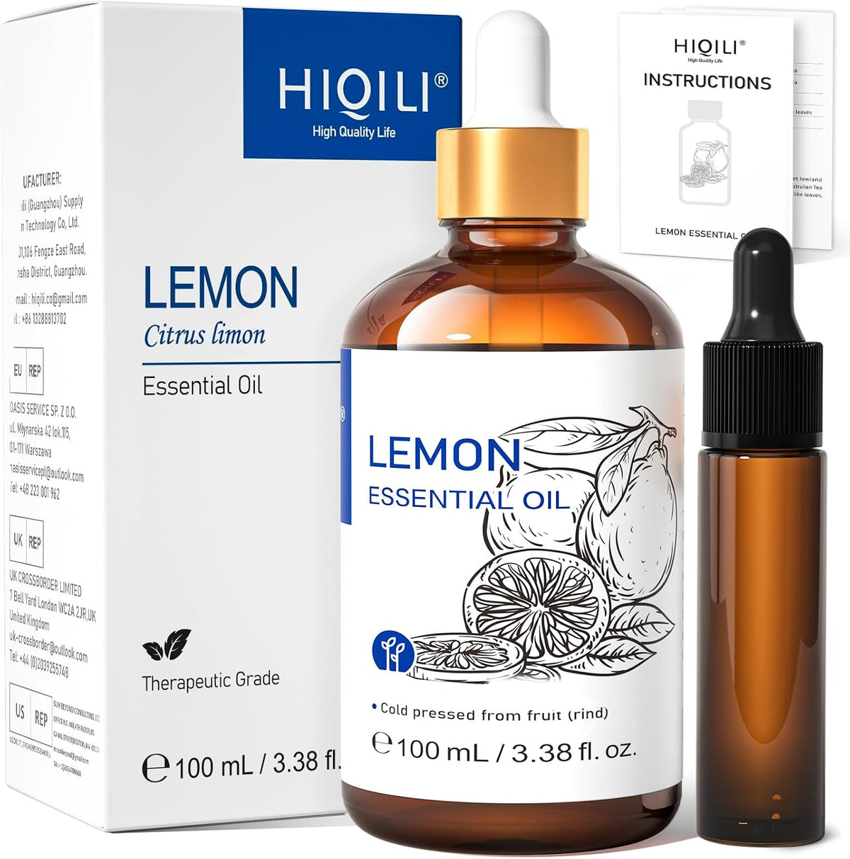 HIQILI Lemon Essential Oil 100 mL box with amber bottle and dropper
