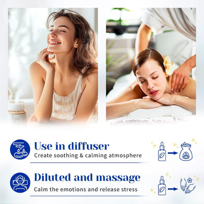 HIQILI Bergamot Essential Oil graphic showing diffuser and diluted massage use