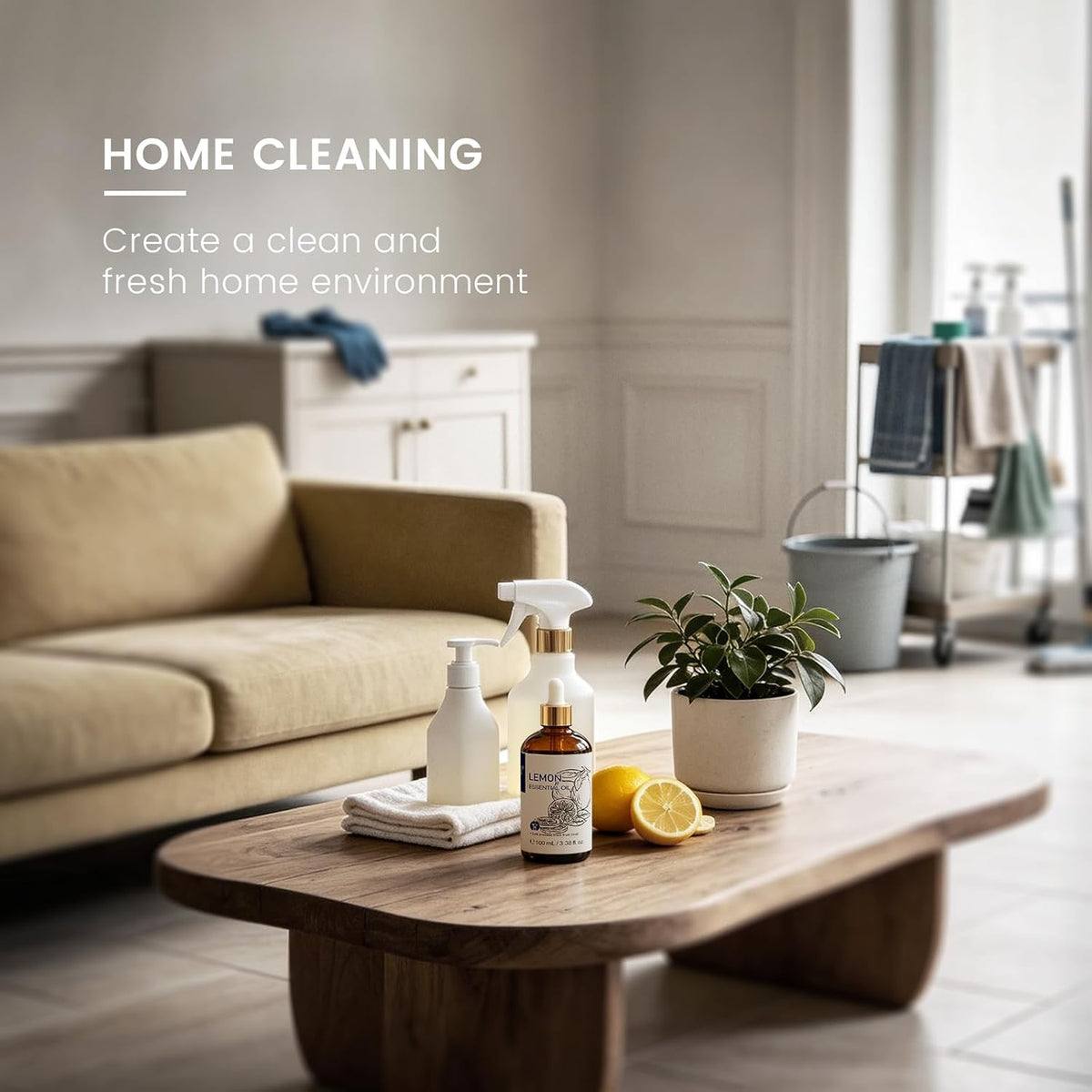 Living room being cleaned with a lemon essential oil spray