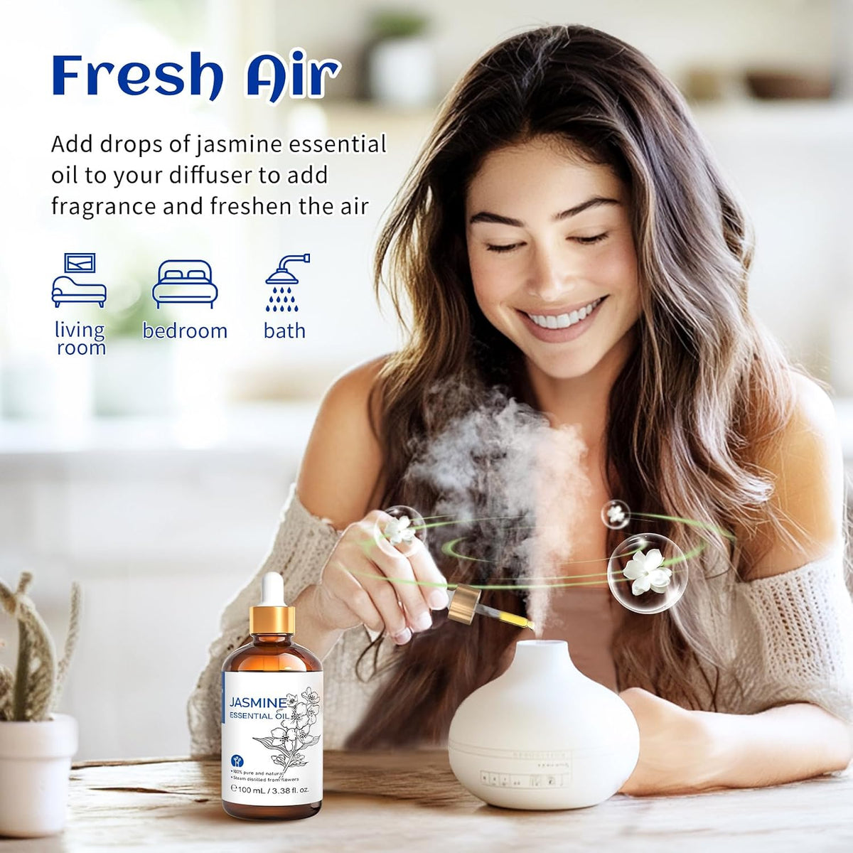 Woman enjoying a jasmine essential oil diffuser in a bright room for fresh air