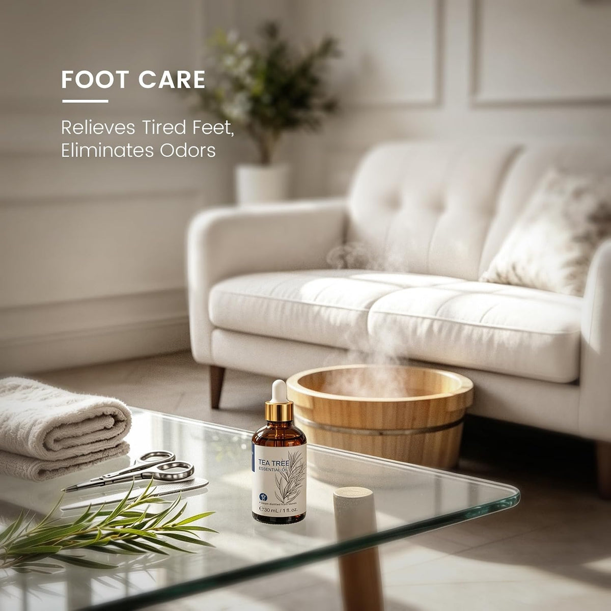 Woman resting her feet after using tea tree essential oil for foot care