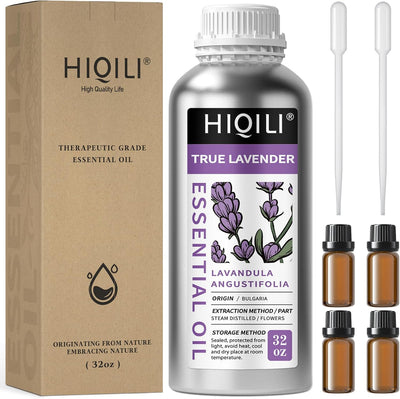 HIQILI 32oz True Lavender Essential Oil bulk bottle with kraft gift box, white container, purple lavender label, dropper accessories, and product details showing Lavandula Angustifolia, Bulgaria origin, steam distilled from flowers.