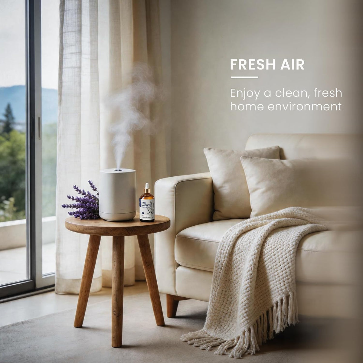 HIQILI True Lavender Essential Oil in a mist diffuser on a side table in a bright living room