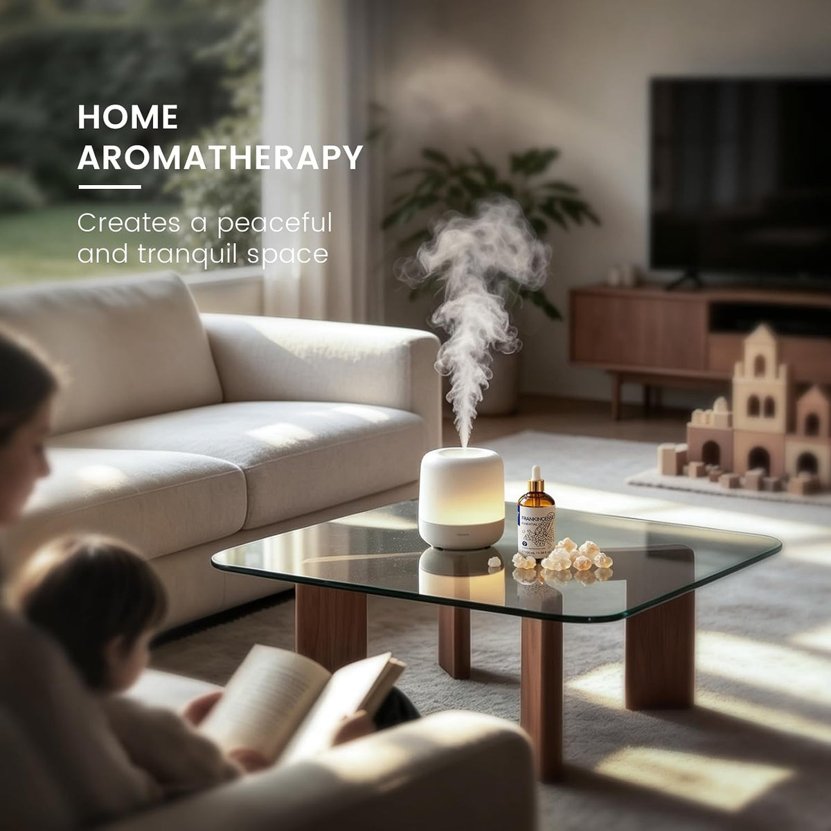 Mist diffuser scenting a living room with HIQILI Frankincense Essential Oil