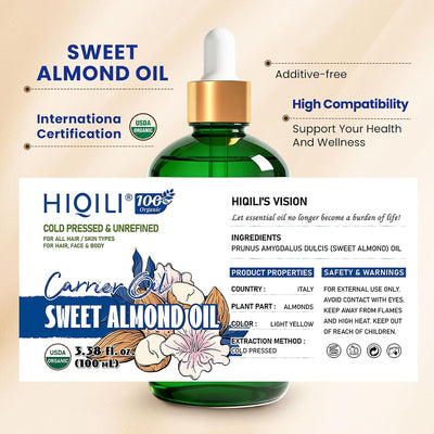 Organic Sweet Almond Oil - Cold-Pressed Carrier Oil for Massage & Body Care