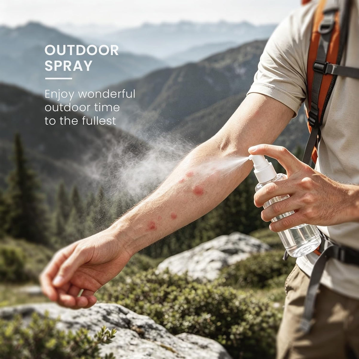 Hiker spraying an outdoor repellent made with HIQILI Globulus Eucalyptus Essential Oil