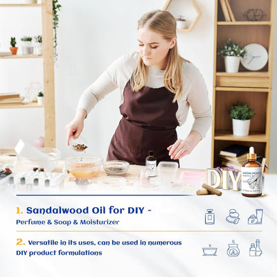 HIQILI Woman making handmade soap and perfume using versatile HIQILI Sandalwood Essential Oil for DIY formulations.