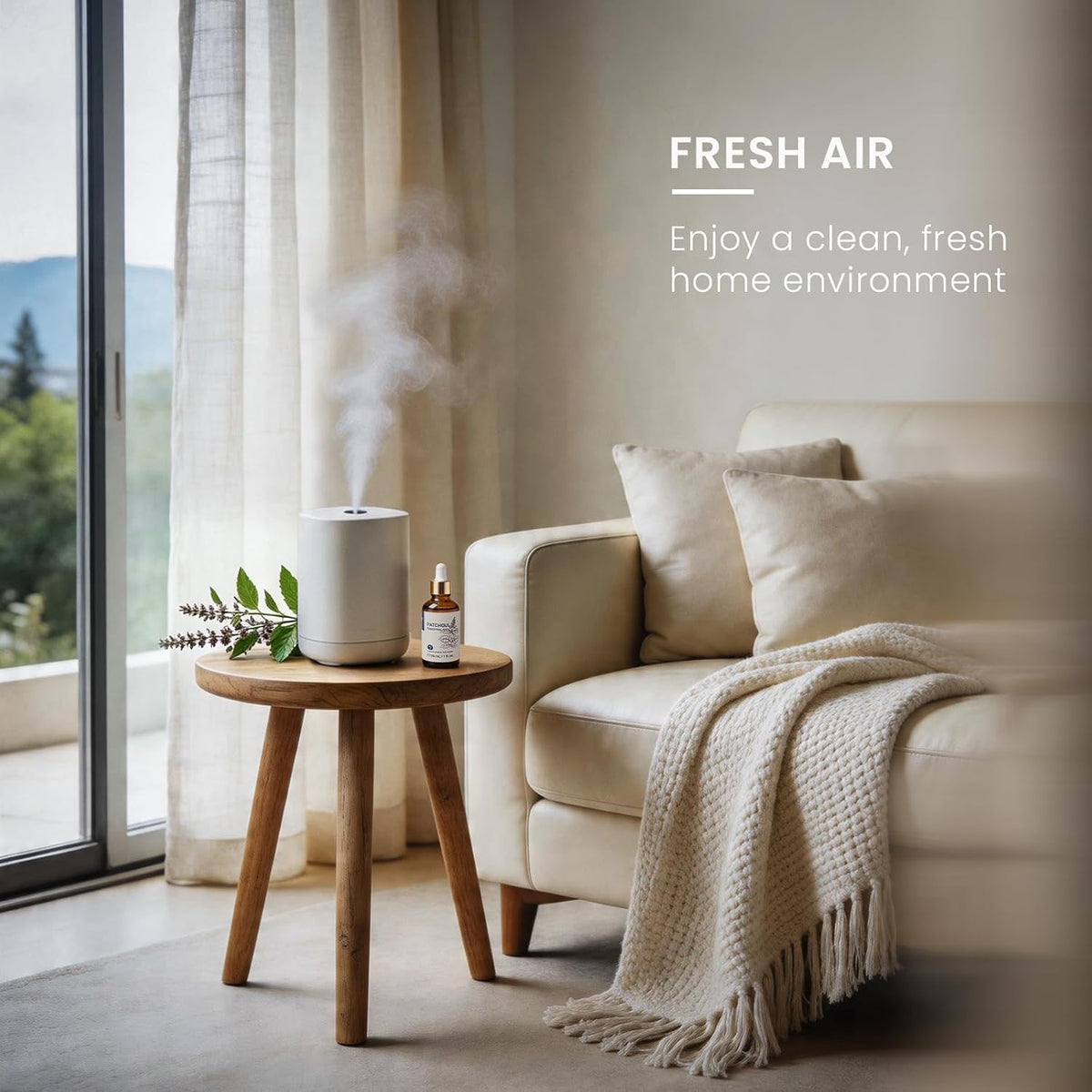 Mist diffuser freshening a living room with HIQILI Patchouli Essential Oil