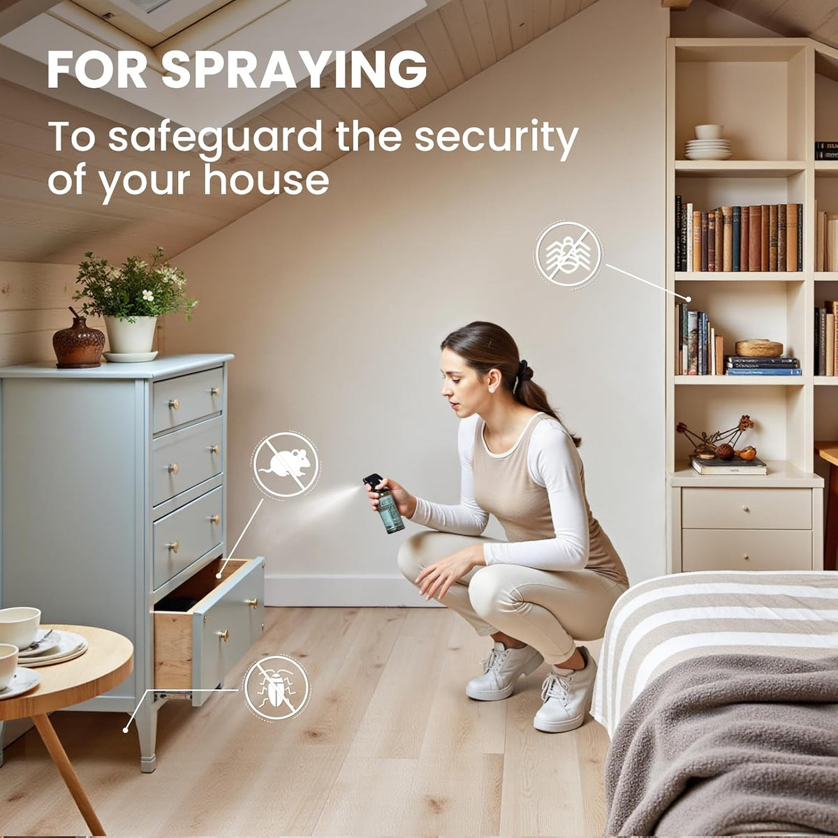 Woman spraying skirting boards around the home with a peppermint essential oil spray