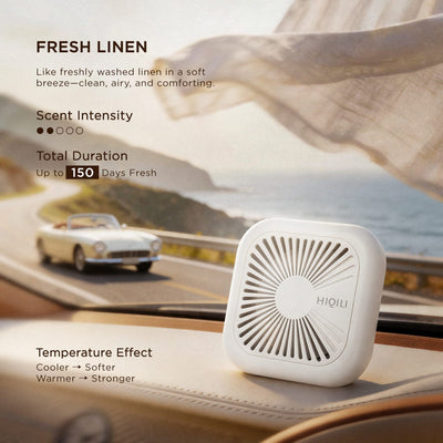 Ivory white fresh linen car air freshener on a dashboard above a coastal road, with a linen scarf in the breeze