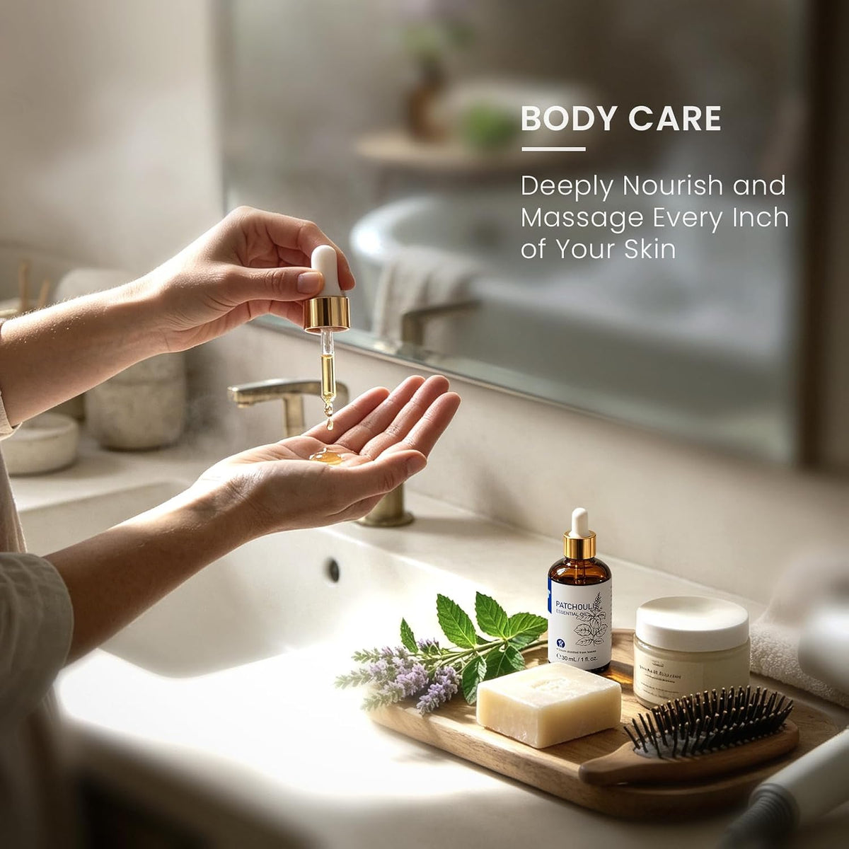 Hands at a sink adding patchouli essential oil to a body care blend