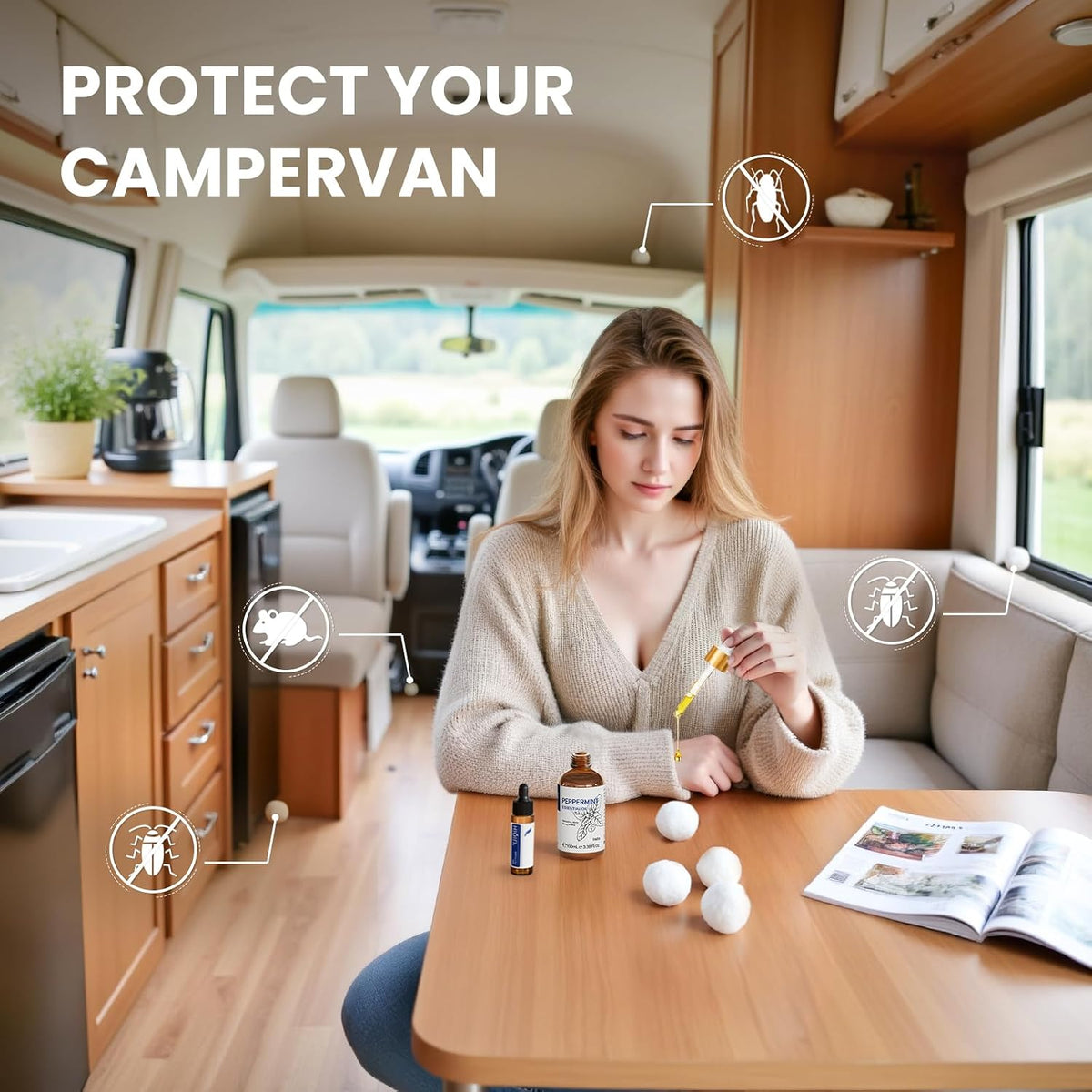 Woman treating a campervan interior with peppermint essential oil to deter insects