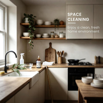 Kitchen counter being cleaned with a eucalyptus essential oil spray