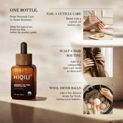 Hands diluting HIQILI organic tea tree essential oil with a carrier oil before applying to the body