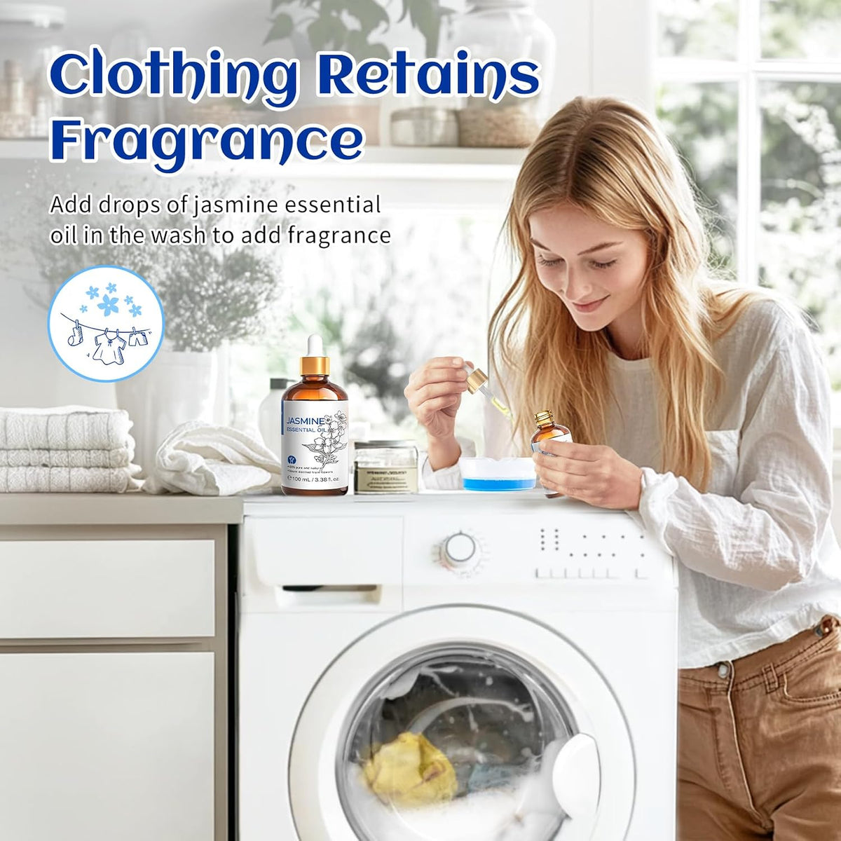 Woman adding HIQILI Jasmine Essential Oil to a washing machine load for lasting laundry scent