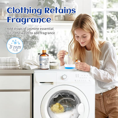 Woman adding HIQILI Jasmine Essential Oil to a washing machine load for lasting laundry scent