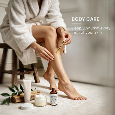 Woman massaging diluted sandalwood essential oil into her legs after a bath