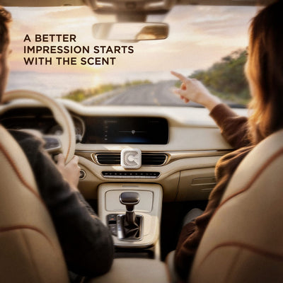 Ivory white car freshener on the center vent at sunset, with a passenger pointing at the road ahead