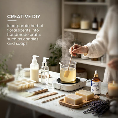 Hands making soap and candles with HIQILI True Lavender Essential Oil on a workbench