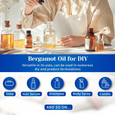 HIQILI Bergamot Essential Oil DIY graphic listing soap, hair serum, shampoo, body spray and candle uses