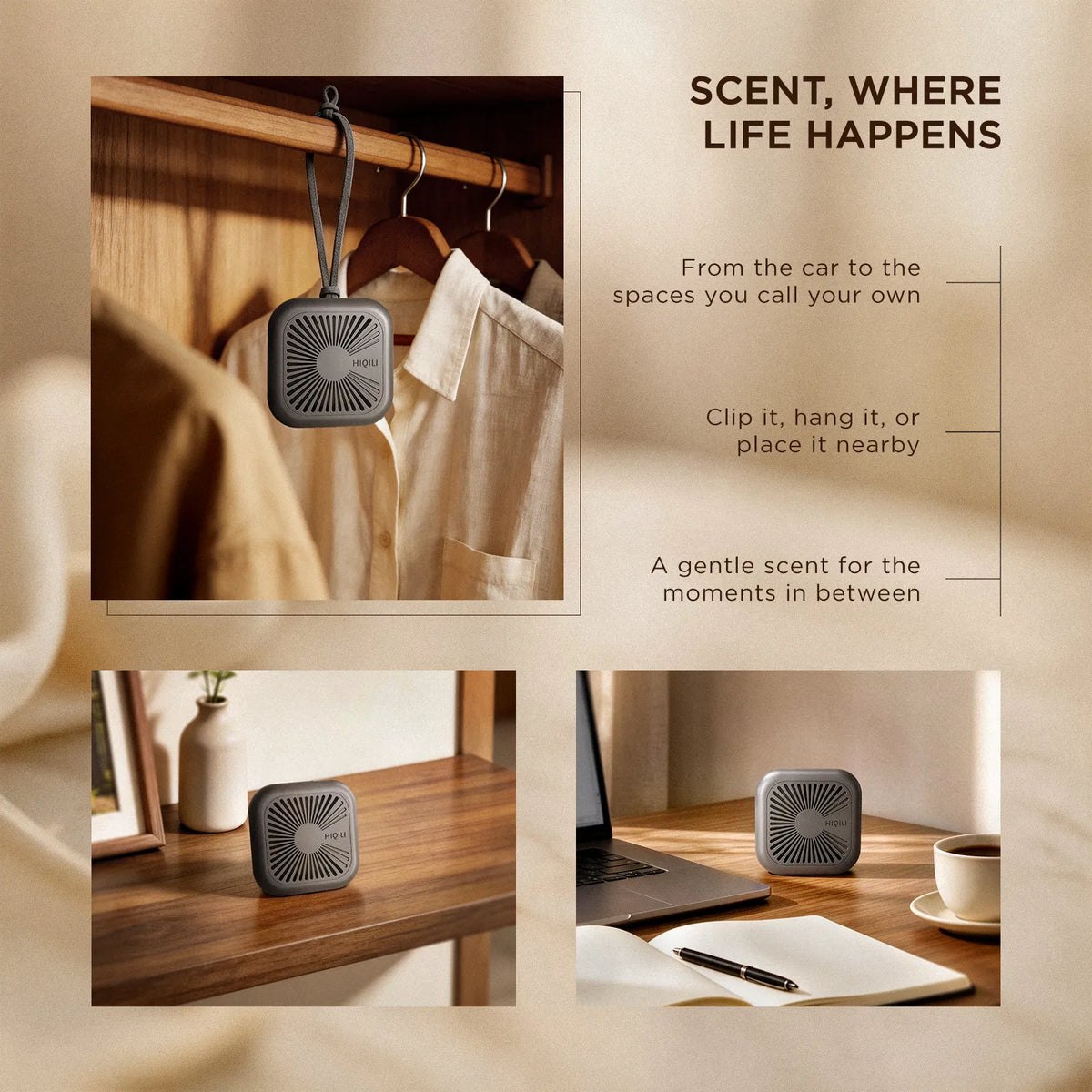 Three scenes of the same refillable air freshener hanging in a closet, standing on a shelf and placed on a desk