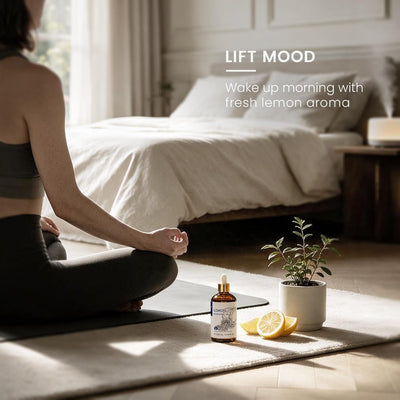 Woman stretching in the morning beside a lemon essential oil diffuser
