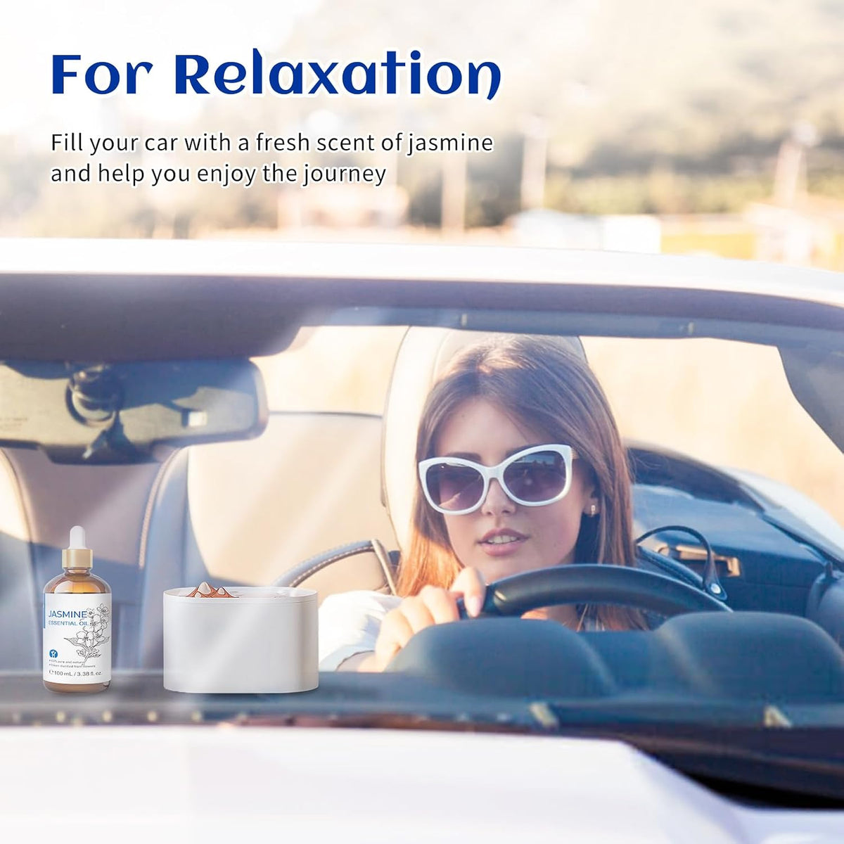 Woman driving with a jasmine essential oil car diffuser for relaxation