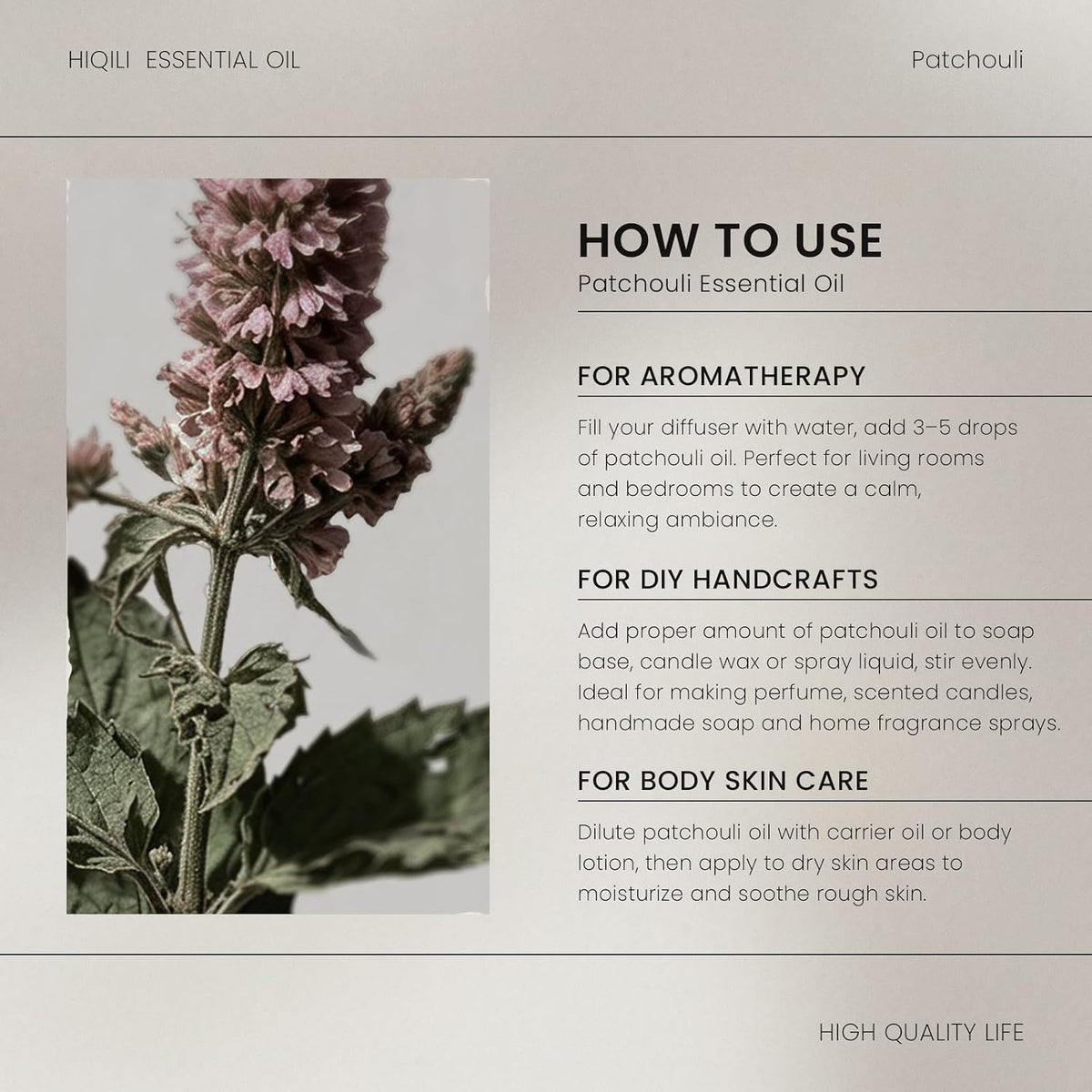 HIQILI Patchouli Essential Oil how-to-use card for aromatherapy, DIY and skin care