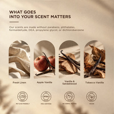 Folded linen, apples, sandalwood and vanilla pods showing the HIQILI fresh linen scent family