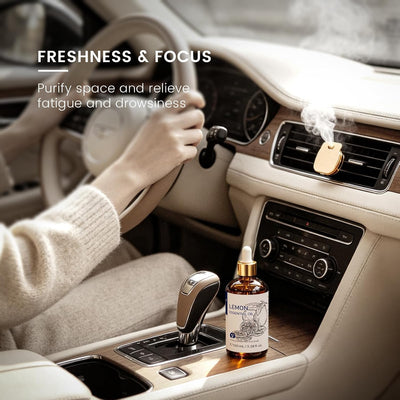 Car interior with a lemon essential oil vent clip for freshness and focus