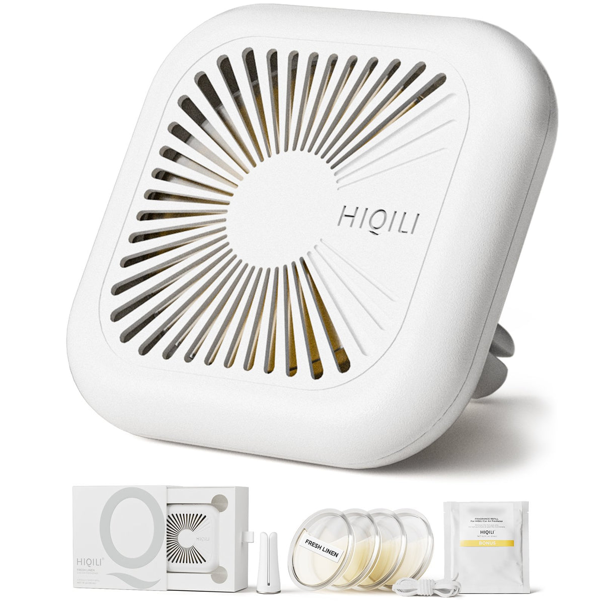 Ivory white HIQILI car air freshener case with sunburst vent slots, gift box, vent clip, four fresh linen discs and cord