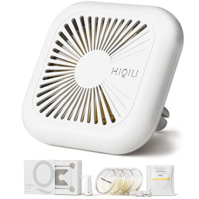 Ivory white HIQILI car air freshener case with sunburst vent slots, gift box, vent clip, four fresh linen discs and cord