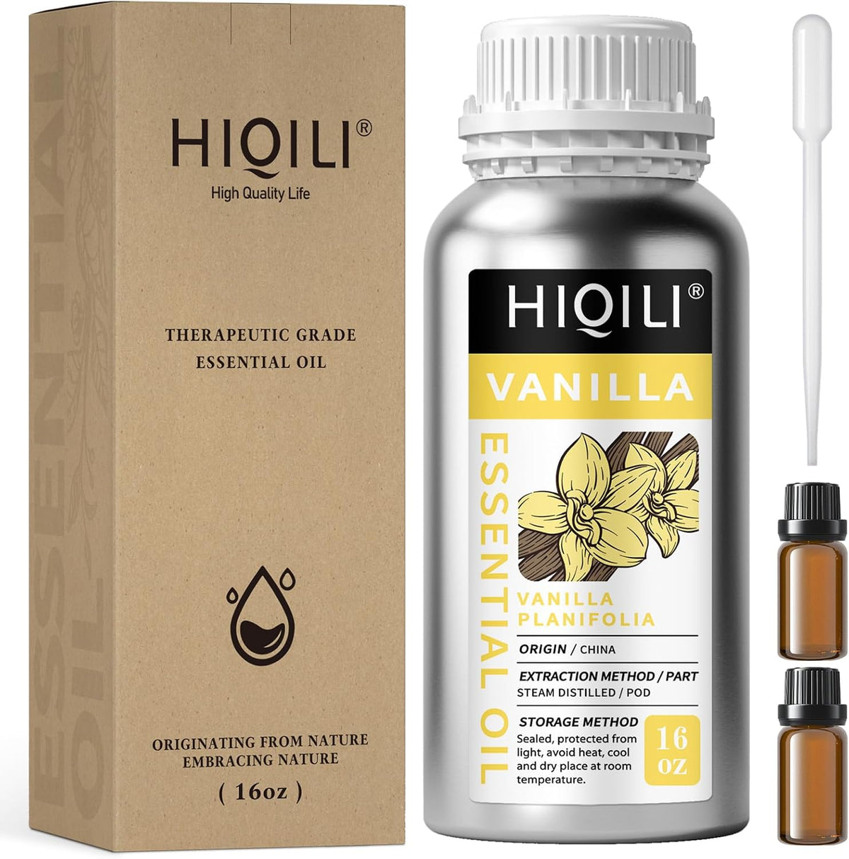 HIQILI Vanilla Essential Oil 10 mL set of silver bottles with droppers