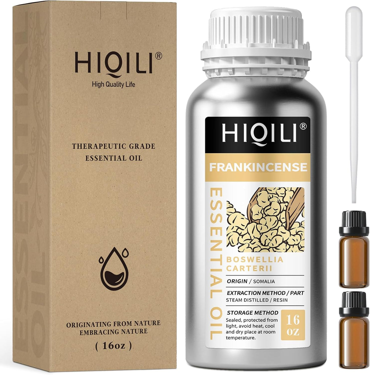 HIQILI Frankincense Essential Oil 10 mL set of silver bottles with droppers