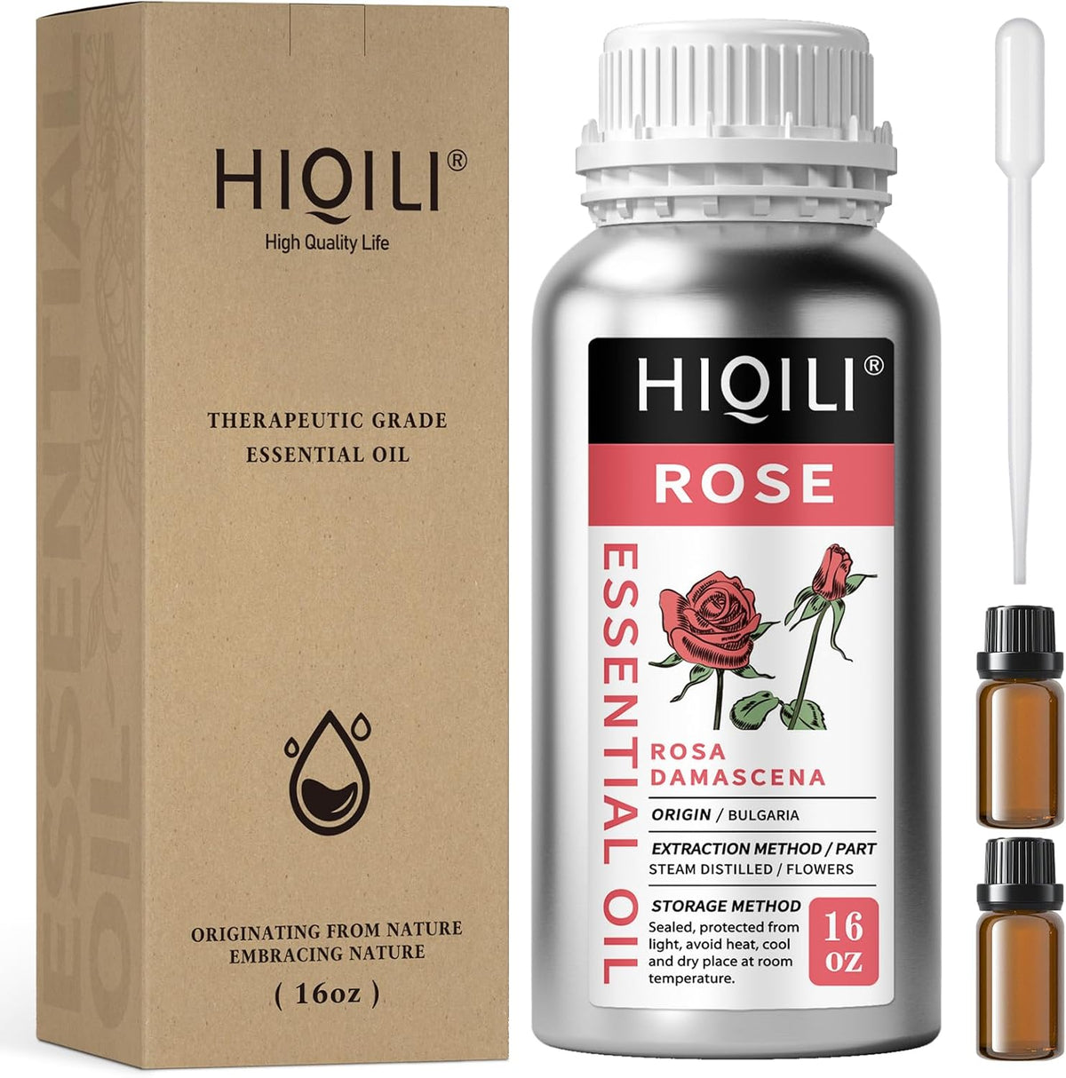 HIQILI Rose Essential Oil 10 mL set of silver bottles with droppers