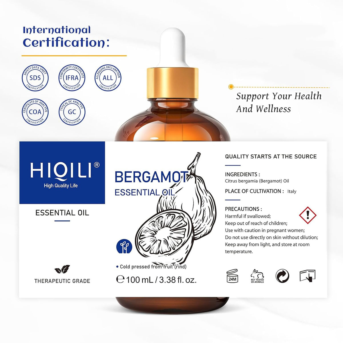 HIQILI Bergamot Essential Oil bottle with international certification and high potency graphics