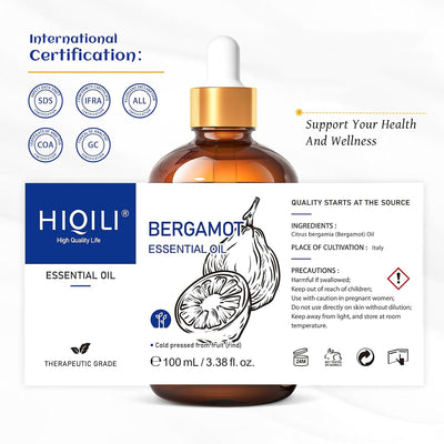 HIQILI Bergamot Essential Oil bottle with international certification and high potency graphics