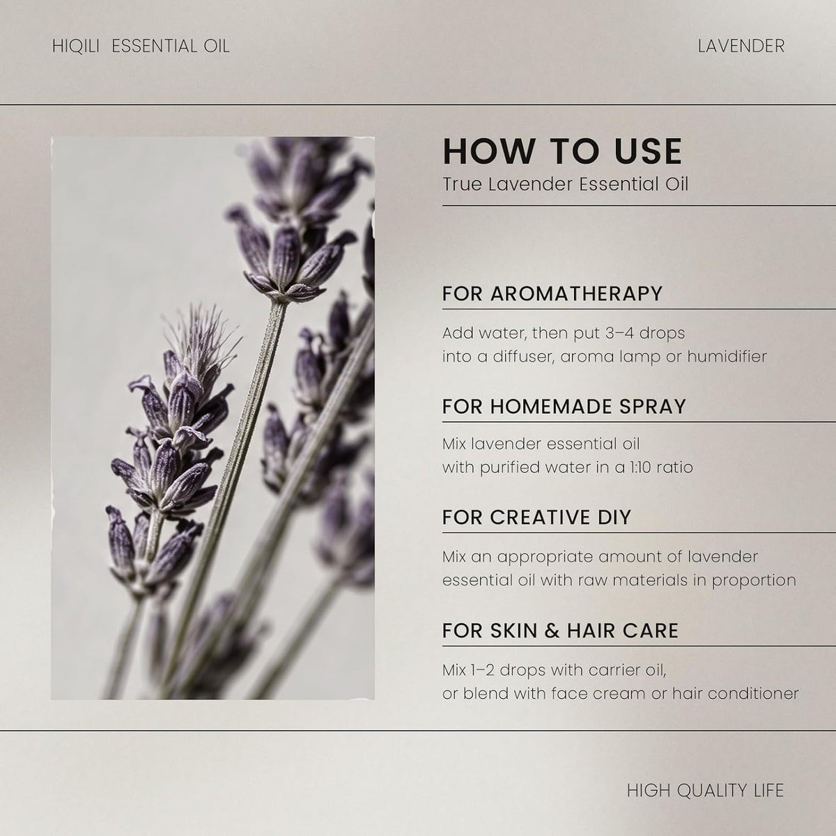 HIQILI True Lavender Essential Oil how-to-use card for aromatherapy, spray, DIY and skin care