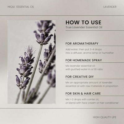 HIQILI True Lavender Essential Oil how-to-use card for aromatherapy, spray, DIY and skin care