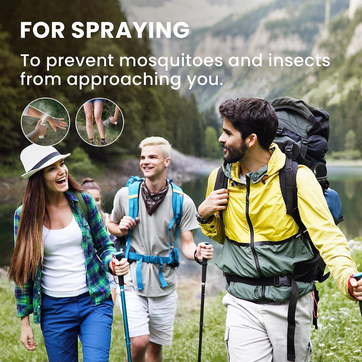 Hikers applying a peppermint essential oil repellent spray on a mountain trail