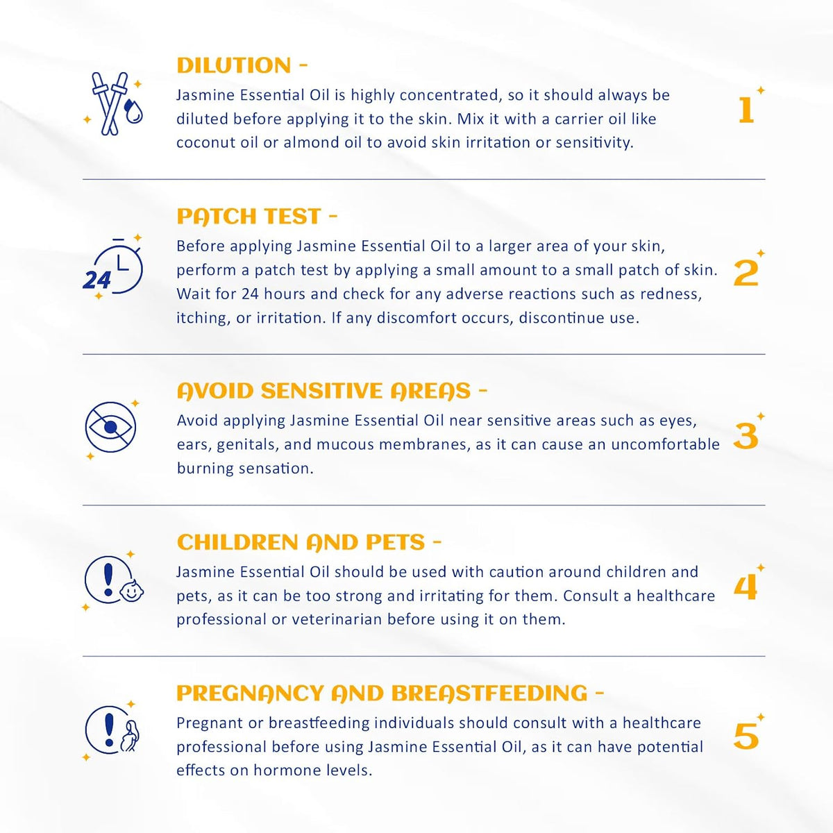 HIQILI Jasmine Essential Oil safety card covering dilution, patch test and sensitive groups