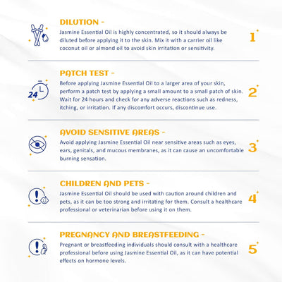 HIQILI Jasmine Essential Oil safety card covering dilution, patch test and sensitive groups