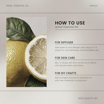 HIQILI Lemon Essential Oil how-to-use card for diffuser, skin care and DIY crafts