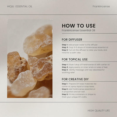 HIQILI Frankincense Essential Oil how-to-use card for diffuser, topical use and DIY
